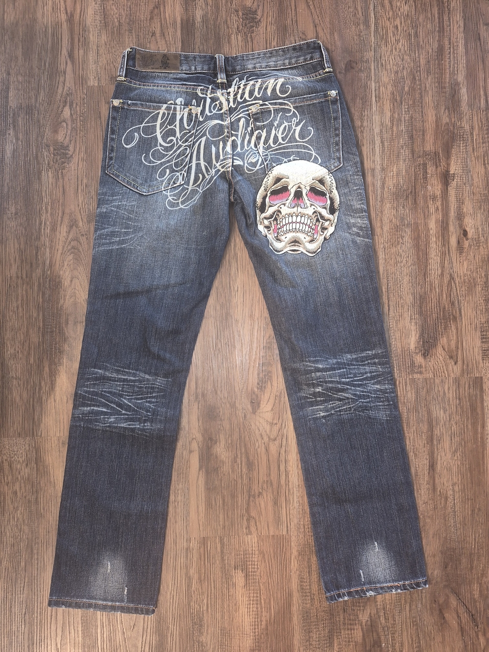 Christian Audigier Men's Dark Blue Skull Embroidered Jeans Sz 32/33